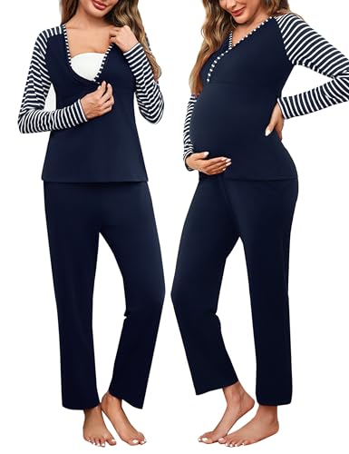 Bresdk Stillpyjama Damen Lang Zweiteiliger Schlafanzug Langarm Umstands Stillschlafanzug Baumwolle Pyjama Stillfunktion Geburt Set Maternity Pyjama Blau M