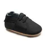 HMIYA Weiche Leder Krabbelschuhe Babyschuhe Lauflernschuhe mit Wildledersohlen für Jungen und Mädchen 0-6 Monate 6-12 Monate 12-18 Monate 18-24 Monate（12-18 Monate，Schwarz）