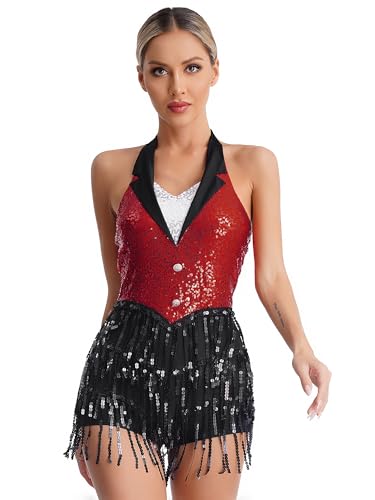 iiniim Damen Latein Tanzkleid Glitzer Ballettkleid Pailletten Fransen Jumpsuit Overall Jazz Tanzkleidung Ballsaal Show Performance Tanzkostüm Rot S