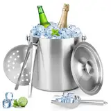 NVIYAM 2L Edelstahl Eiskübel mit Doppelwandiger-Design,Eiswürfelbehälter mit Deckel,Getränkekühler für Partys, Bier,Cocktailbar, Kühlen Wein, Champagner,Eiseimer mit Deckel & Eisschaufel & Zangen