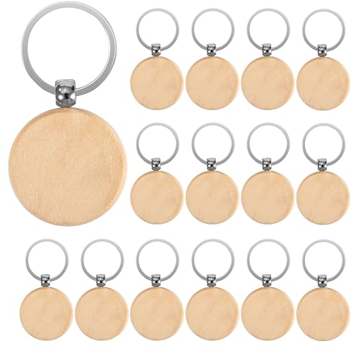 Schlüsselanhänger Holz, 15 Stücke Wooden Schlüsselanhänger Blanko DIY, Rund, Personalisierte Holz Schlüsselring mit Ring, Beschriftbar Rohlinge für Malerei Basteln Dekorieren Geschenke