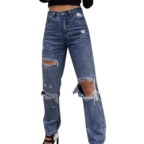 Briskorry Damen Y2K High Rise Straight Jeanshose Ripped Loch Denim Hose Baggy Vintage Flare Gerade Hosen Locker Lang Lässig Freizeithose E-Girl Streetwear