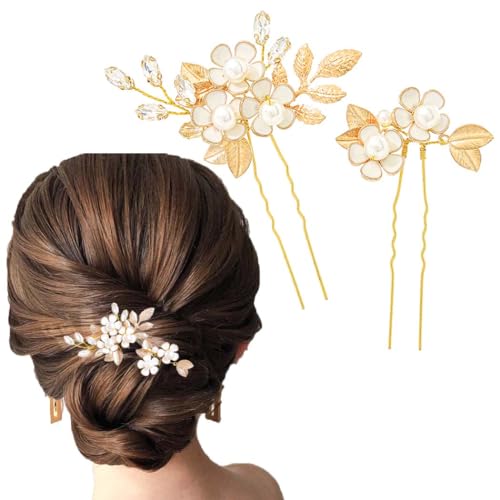 Flayem Hochzeit Haarnadeln Braut Blume Haarschmuck Golden Haarspangen Perlenhaar Accessoires für Braut und Brautjungfern（2Stück）