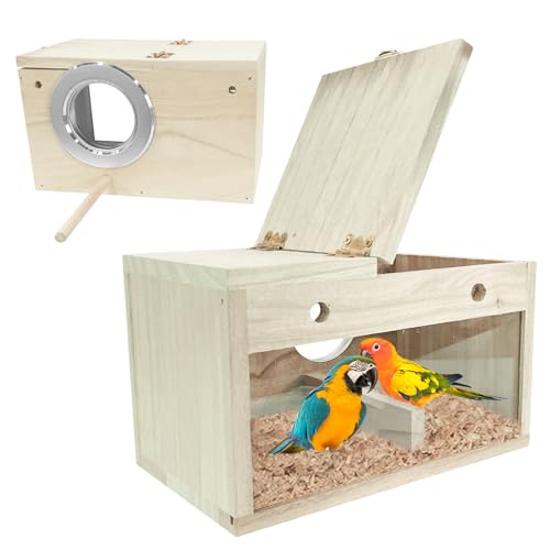 iDMRURvm Massivholz Papagei Zucht Box Vogelzuchtbox Nistkasten Vogelzucht Brutkasten Vogelhaus Hölzernes Vogelhaus mit Rastplatz Haustier Warminkubationszuchtkiste Vogelpaarungskasten