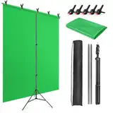 JEBUTU Greenscreen mit Ständer 1,5 x 2m, Verstellbarer Foto Hintergrund Ständer, Green Screen Stoff 1,5 x 2m mit 5 Klemme & Tragetasche für Streaming Gaming Fotoshooting Produkt Video Zoom Fotografie