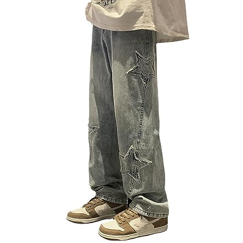 Baggy Jeans Y2k Hose Cross Star Patch Mit Gerader Passform Lockerem Weitem Bein Street Hip Hop Freizeithose Waschverfahren Im Retro-Stil Teenager