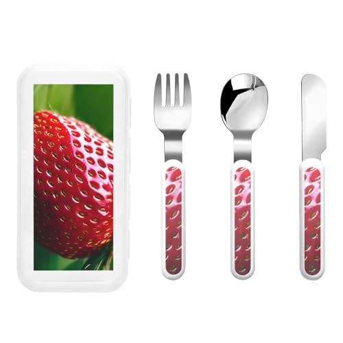 Erdbeer-Aufdruck, Gabelmesser und Löffel-Set, ideal für Schulessen, Reisen und Outdoor-Aktivitäten