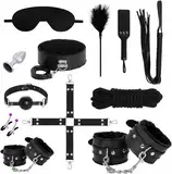 12er BDSM Bondage Set Fesselset Erotik SM Sex Spielzeug Zugband Handschellen Knöchelmanschetten Analplug Nippelklemmen Ballknebel Federkitzler Augenmaske Peitsche Paddel Baumwollseil Paare (schwarz)