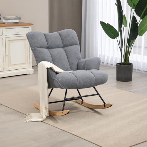 Aunekiv Schaukelstuhl, Stillsessel Schaukelsessel, Teddystoff Gepolsterter Schwingsessel Lesesessel Relaxstuhl Sessel mit Holzkufen, Armlehne, für Wohnzimmer, Schlafzimmer, Babyzimmer, Dunkelgrau
