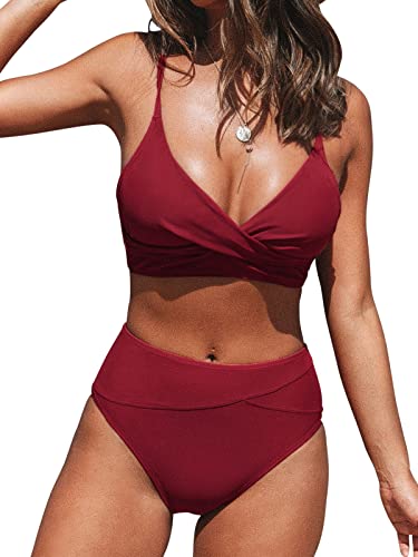 CUPSHE Damen Bikini Set Crossover High Waist Bikini Bademode Wickel V Ausschnitt Raffungen Zweiteiliger Badeanzug Swimsuit Weinrot XXL