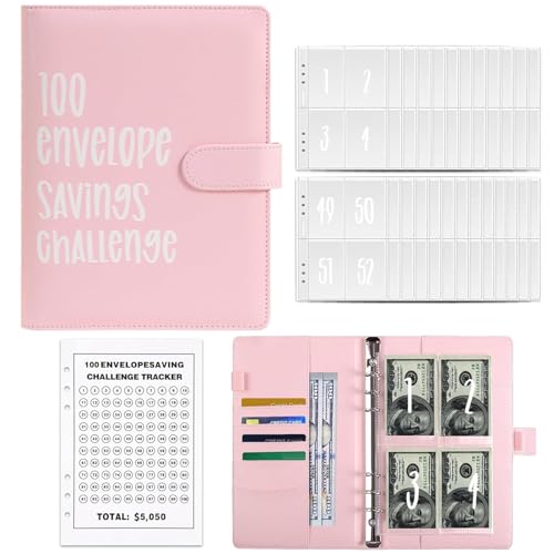 100 Envelope Saving Challenge A5 Sparen Challenge Binder Cash Binder mit Umschlag Geldsparung Geldordner Budgetordner Zur Budgetplanung und zum Geldsparen(Pink)