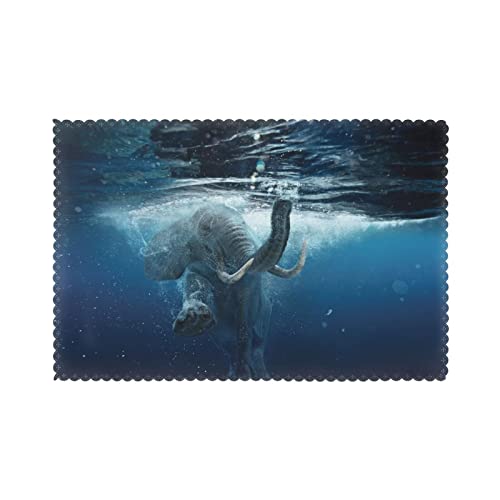 Tischsets 4 Teilig Schwimmender Afrikanischer Elefant Tischset Kinder rutschfest Tischunterlagen, Für Hotels, Gastronomie, Dinnerpartys, 30x45cm