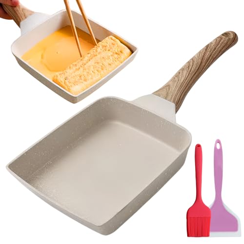 LEKEFETO Japanische Omelette-Pfanne, Tamagoyaki Pfanne mit Silikonspatel & Pinsel, Antihaft Omelette Pfanne für japanische Omelettes, für alle Herdarten, Weiß, 18 x 15 cm