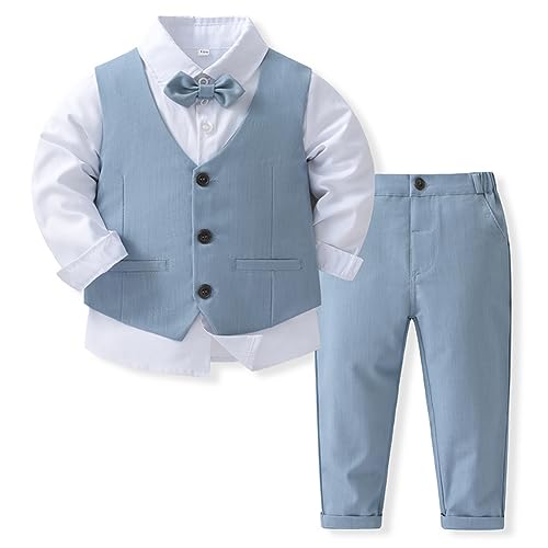 Odizli Anzug Kinder Jungen Festlich Hochzeit Einschulung Kleidung Set Gentleman Langarm Hemd + Weste + Hose + Fliege 4tlg Outfit Geburtstag Taufkleidung Herbst Kinderanzüge Hellblau 12-18 Monate