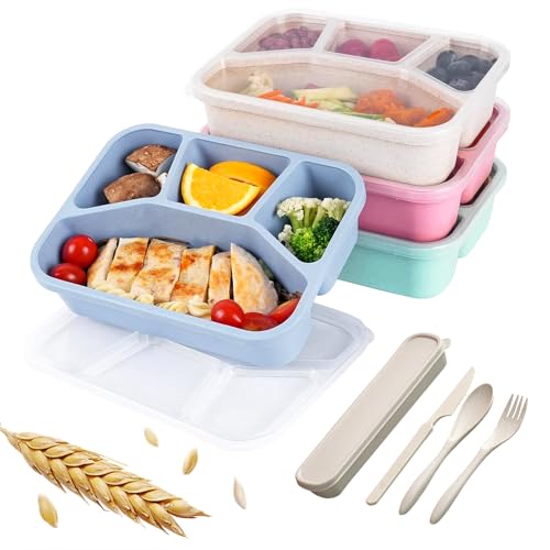 NAJIESUN Snackbox, 4er-Pack Lunchbox mit Löffelgabel, 5 Fächer, BPA-frei, wiederverwendbare Lunchbox, entworfen für Portionskontrolle, Schule und Essen. Kompakt, stapelbar, vier Farben