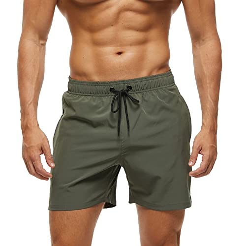 Aisprts Badehose Herren mit Reißverschlusstasche Schnelltrocknend Wasserabweisend Badehosen Männer Badeshorts Herren Atmungsaktiv Mit Tunnelzug Meshfutter (A7 Armeegrün,L)