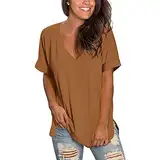 Klassische Damen-T-Shirts Mit V-Ausschnitt, Sommeroberteile, Blumen-Kurzarm-T-Shirts, LäSsige, Locker Sitzende Blusen-Oberteile (S,Khaki)