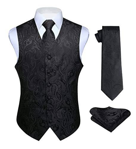 Hisdern Manner Paisley Floral Jacquard Weste & Krawatte und Einstecktuch Weste Anzug Set, Schwarz, Gr.-XL (Brust 48 Zoll)