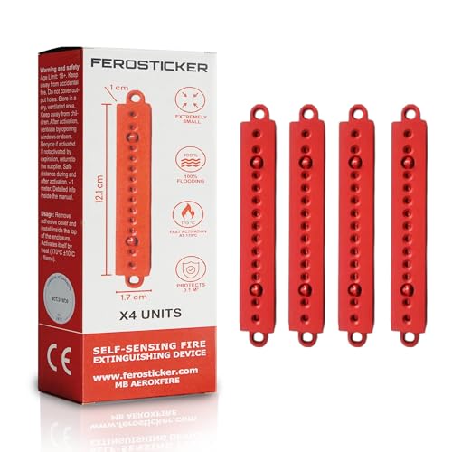 FEROSTICKER Kleiner Automatischer Feuerlöscher – Ungiftig, Kompakt & Wartungsfrei, Haushaltsbrandschutz für Sicherungskästen, Solargeneratoren, Fahrzeuge, Lithiumbatterien, Schiffskabinen (4 Stück)