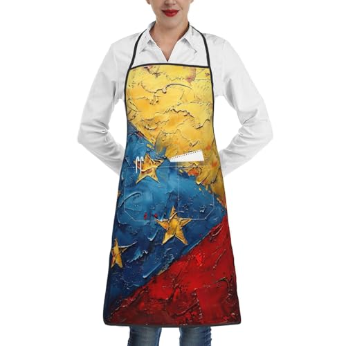 YaWea Küchenschürze mit Flagge von Venezuela, Schürze für Restaurant, mit Tasche, Kochschürzen zum Kochen, Backen, Weiss/opulenter Garten, Einheitsgröße
