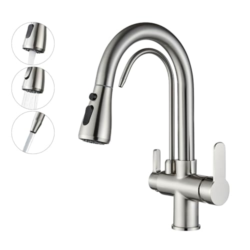 Onyzpily Gebürstetes Nickel Reines Wasser Küchenarmatur mit ausziehbar Doppelgriff Heißes und kaltes Trinkwasser 3-Wege-Filter Küchenmischbatterien