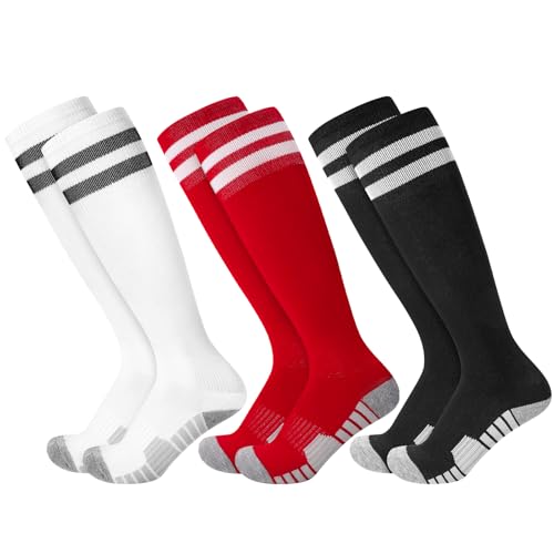 3 Paar Kinder Fußball Stutzen Fußballsocken 33-37 Fußball Fussball Socken Sportsocken Trainingssocken für Jungen Mädchen von 5-12 Jahren (DE/NL/SE/PL, Numerisch, 33, 37, Regular, Schwarz Weiß Rot)