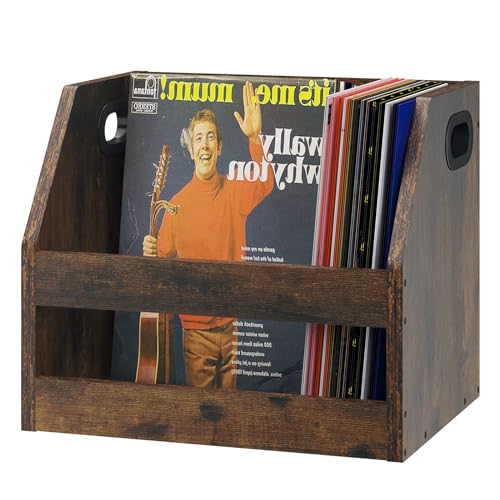 YMYNY Holz Record Aufbewahrungshalter, Vinyl Album Box Kiste mit Griff, Buch Regal Desktop Organizer Trapezoid LP Record für Ordner, Bücher, Fotoalben, Rustikal Braun, 38×29×29CM HCD001H