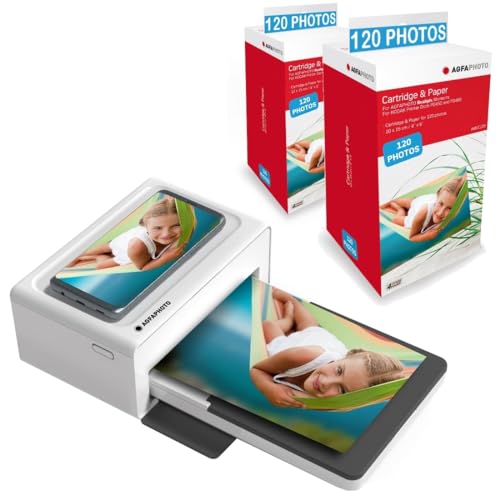 AGFA Photo Realipix Moments Drucker-Paket + Patronen und Papiere für 240 zusätzliche Fotos – Bluetooth-Fotodruck 10 x 15 cm Smartphone Apple und Android, 4 Pass Sublimation Thermal – Weiß