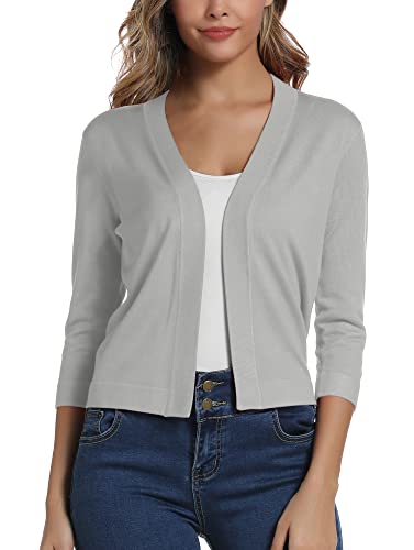 Damen 3/4 Ärmel Open Front Bolero Strickjacke Shrug Solid Cardigan Top (M, Hell Grau)