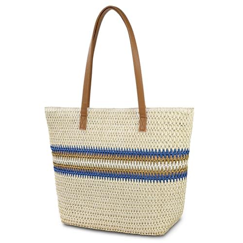 Aucuu Strohtasche, Stroh Strandtasche für Frauen, Strandtasche Damen, Stroh Handtasche mit Ledergriffe und Reißverschluss, Groß Schultertasche Umhängetasche für Urlaub Reisen Strand Sommer