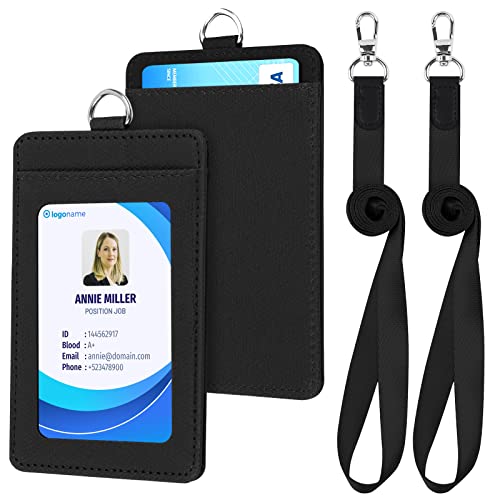 2 Stück Ausweishülle Kartenhülle mit Schlüsselband, Mit 2 Kartenfächernmit, PU Leder ID Card Holder, Ausweishalter Abzeichen Kit,Für Geschäftsereignisse, Arbeit, Büro, Schwarz