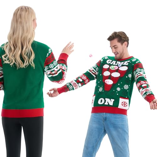 Giggling Getup Lustiger hässlicher Weihnachtspullover für Männer, Cheer-Pong-Spiel Weihnachts-hässlicher Pullover, Herren-hässlicher Pullover-Pullover Multi