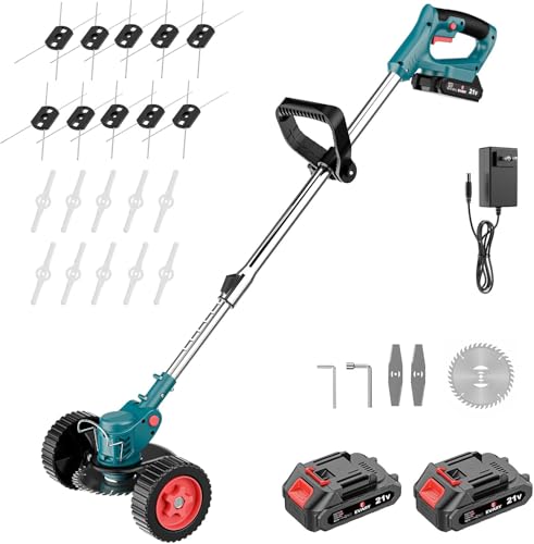 Balkenmäher Elektrische mit 2 x 3.0 Akku Freischneider Leichter Rasenmäherschneider für Rasenschneiden mit Abnehmbare Rollen, 10 Metall-Fadenspule, 10 Kunststoffklingen, 2 Metallklingen, Rasenmäher