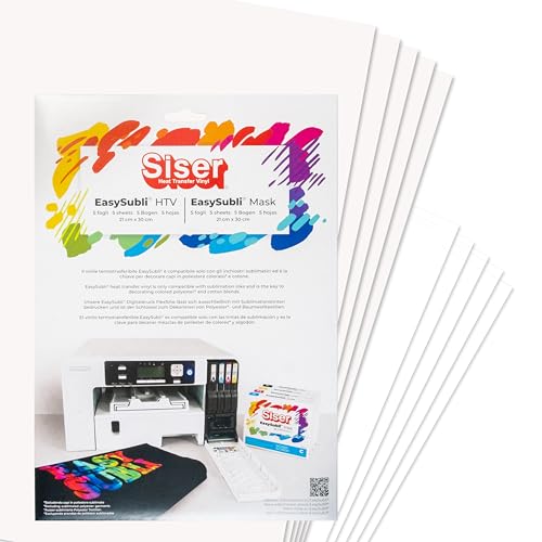 Siser Easy Subli Packung 5+5,thermo-transferierbare, mit Sublimationstinten bedruckbare Folie für helle und dunkle Textilien, 5 Blatt Easy Subli im A4-Format und 5 Blatt Application Tape im A4-Format