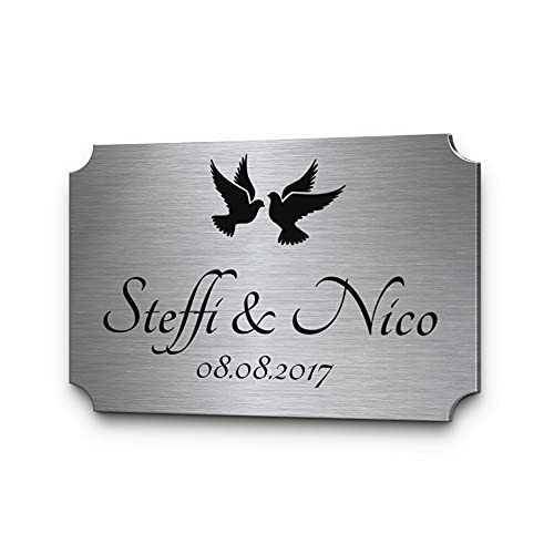 Hochzeitsschilder Edelstahl mit individueller Gravur zB Datum & Name | Viele schöne Designs zB Hochzeitstauben | Personalisierte Hochzeitsgeschenke Silberhochzeit Just Married
