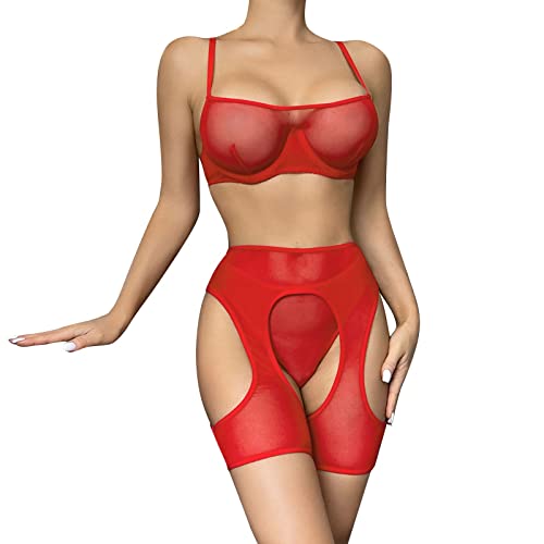 WKAYsIV Netz Body Corsage Kunstleder Unterbrust Dessous Sexy Lack Dessous Damen Hase Dessous Amour Dessous Kostüm Rotes Dessous Set Damen Unterwäsche(Rot,S)