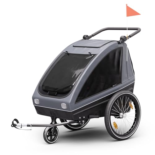 Klarfit Fahrradanhänger 2 Kinder Kabinenwagen + Kinderwagen, Schulter- & Schrittgurtpolster, verstellbare 68 cm Sitzhöhe, integrierte Bremsen, 20—29-Zoll-Räder Bollerwagen 3-in-1