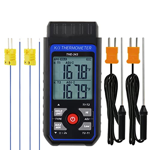 Thermoelement-Thermometer, digitales K-Typ-Thermometer mit 4 Thermoelementen, -328~1370°C Messbereich HVAC-Thermometer Dual-Kanäle, Temperaturmessgerät LED-Hintergrundbeleuchtung und ADJ-Kompensation