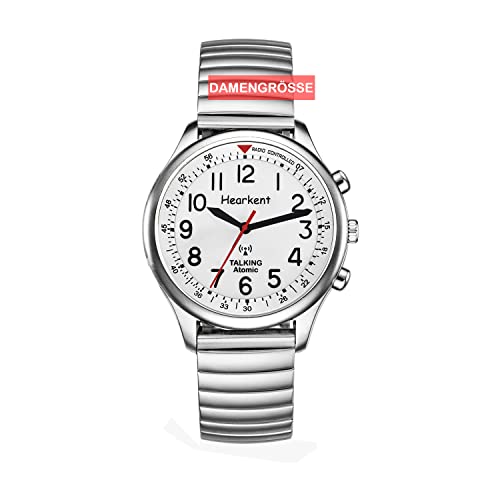 Hearkent Sprechende Uhr für Damen für Blinde Senioren mit Sehbehinderung, Laute und klare Stimme, spricht Deutsch, Silber, Frauengröße
