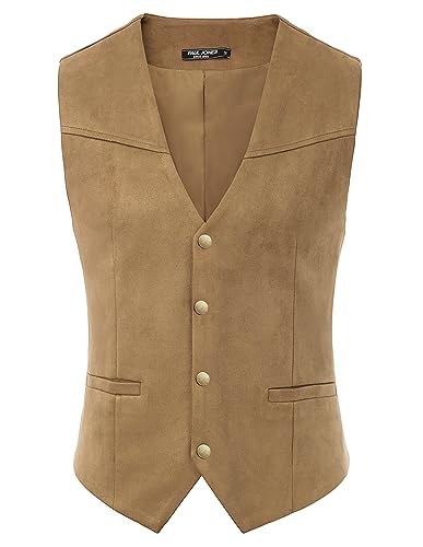 PJ PAUL JONES Herren-Weste, Wildlederimitat, Weste, Cowboy-Kleid, Weste, mit Taschen, Khaki, X-Large