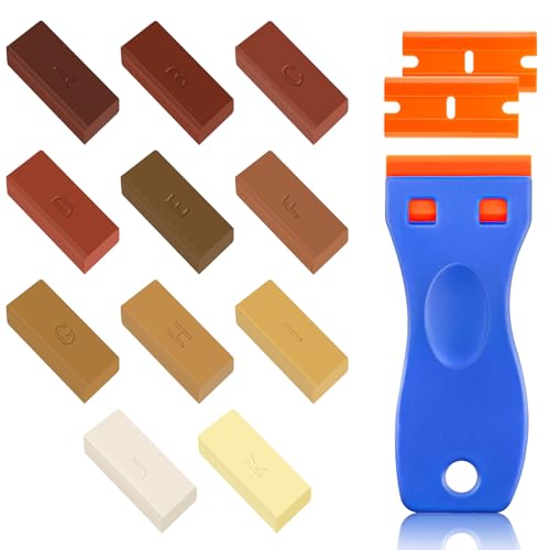 Hartwachs Reparaturset, 11 Farben Laminat Wachs Reparaturset mit 1 Schaber, Holz/Fliesen/Parkett/Laminat/Vinyl Reparaturset zum Auffüllen Reparieren von Kratzern und Löchern für Holz Möbel