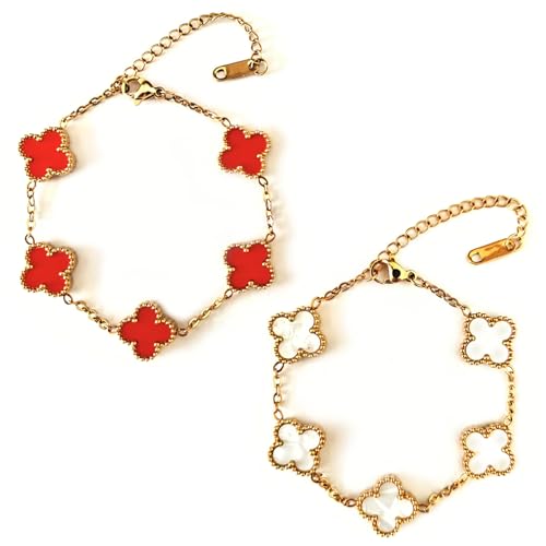 RHQFDM 2 Stück Vierblättriges Kleeblatts Schmuckstück,18K Vergoldet Edelstahl Kleeblatt Schmuck,Damen Armband,Vierblättriges Glücksklee Schmuckset für Damen und Mädchen(Rot+Weiß)