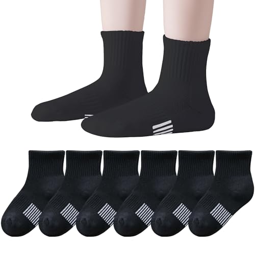 EPEIUS Gepolsterte Socken für Kinder, Mädchen, dicke Baumwolle, Laufsocken, Knöchel, Sportsocken, kurze Sportsocken, Viertelsocken, 5–15 Jahre, Schwarz, 6 Stück, 8-11 Years