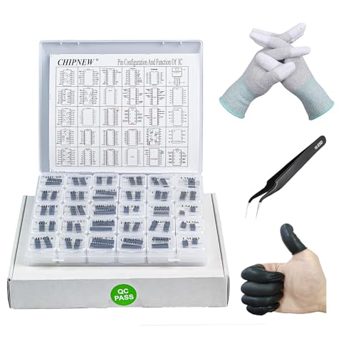 CHIPNEW Lern+Reparatur+Sammler 60Pcs 30-in-1 IC CHIP Assortment Kit: Logic Gates 74HCXX+CD40XX, 555Timer, LM358-Verstärker, Transistoren & mehr! mit gepolstertem Organizer & ESD-Schutzausrüstung