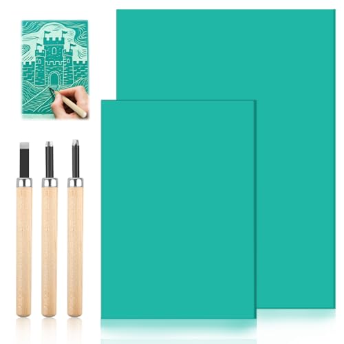 Linoleum Platten Linoldruck Set, A4 A5 Linoleum Schnitzset Linoldruck Set Linolschnitt Platten, Linolschnitt Werkzeug Linolplatten Stempelgummi für Druckgrafiken Kunsthandwerk DIY