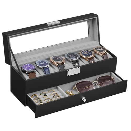 SONGMICS Uhrenbox, Uhrenkasten mit Glasdeckel, 2 Ebenen, für 6 Uhren, abschließbar, 1 Schublade, für Ringe, Armbänder, Geschenkidee, PU-Bezug in Schwarz, Innenfutter in Grau JWB060G01