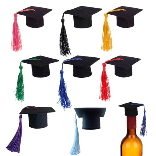 Weinflasche Deko Doktorhut Form mit Quasten,8 Stück Mini Graduation Hat Weinflasche Abdeckung,Bachelor Hut Weinflasche Abdeckung Abschlusskappen Graduation Deko für Graduation Party