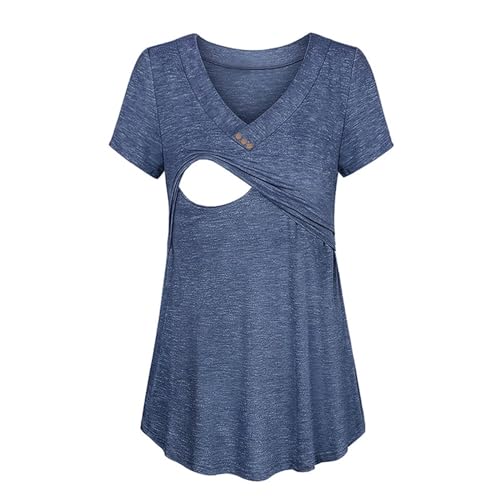 Still Tshirt Kurzarm Baumwolle Schwangerschaft Stillshirt Top V-Neck Stilltop Baumwolle Umstandstop Umstandsbluse Schwangere Tunika zum Stillen Nursing T-Shirt Umstandskleidung Umstandsmode (Blue, L)