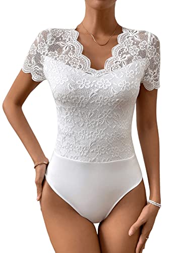 GORGLITTER Damen Body Durchsichtig Spitzen Bodysuit Oberteil Trachtenbody Spitzenbody Party Bodys Dirndlbody V-Ausschnitt Weiß L