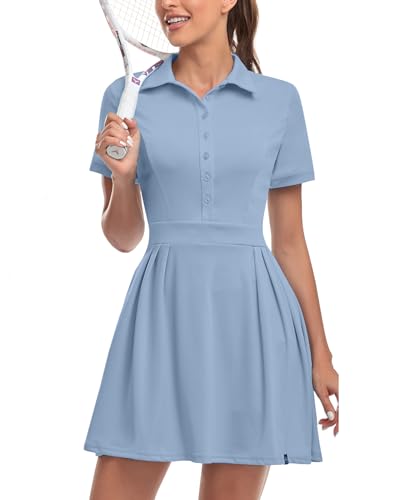 Soneven Damen Tenniskleid mit Hose Tennis Kleidung Set Ärmellos A-Linien Sportkleider Sommerkleid Golfkleid Für Sport Tennis Golf Baseball,Blau,S